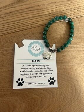 Green Beaded Paw Charm Bracelet - Sterling Silver Accent